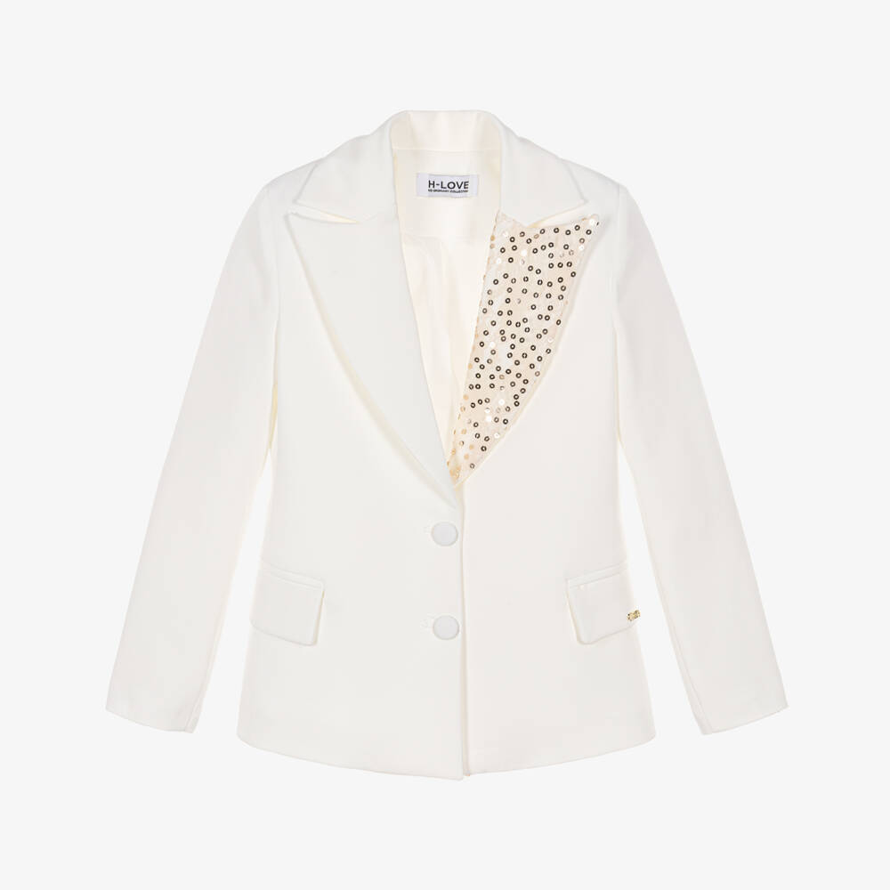 Fun & Fun-Girls Ivory Longline Blazer with Lace & Sequins | Childrensalon