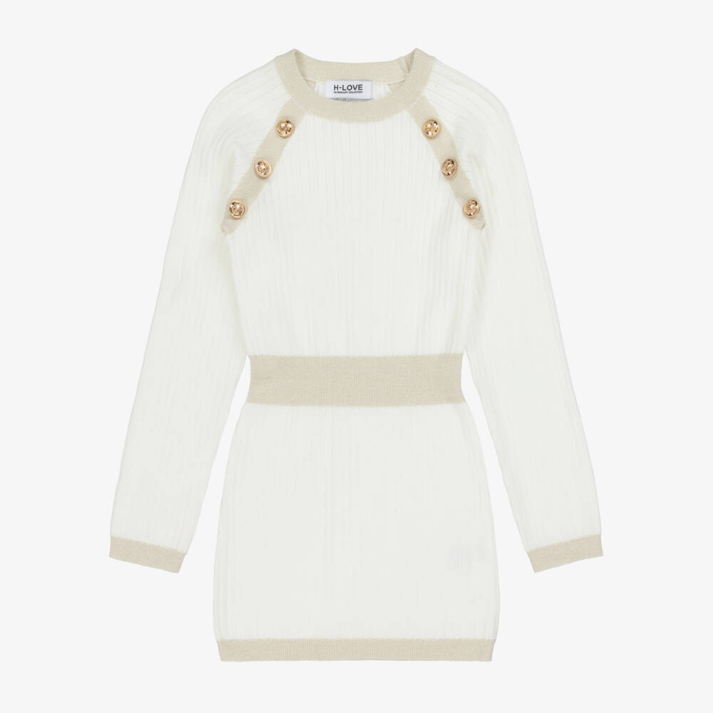 Fun & Fun-فستان بتفاصيل برّاقة محبوك مضلع لون عاجي | Childrensalon