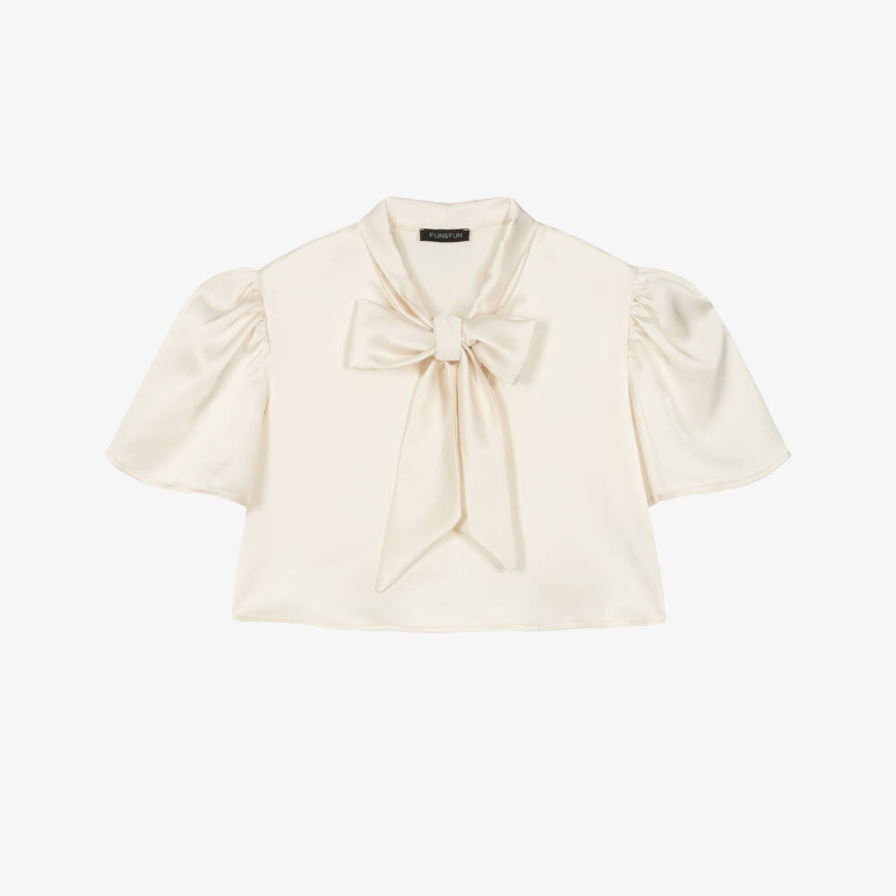 Fun & Fun-Блузка с бантом кремовая атласная для девочек | Childrensalon