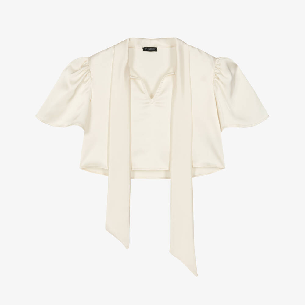 Fun & Fun-Блузка с бантом кремовая атласная для девочек | Childrensalon