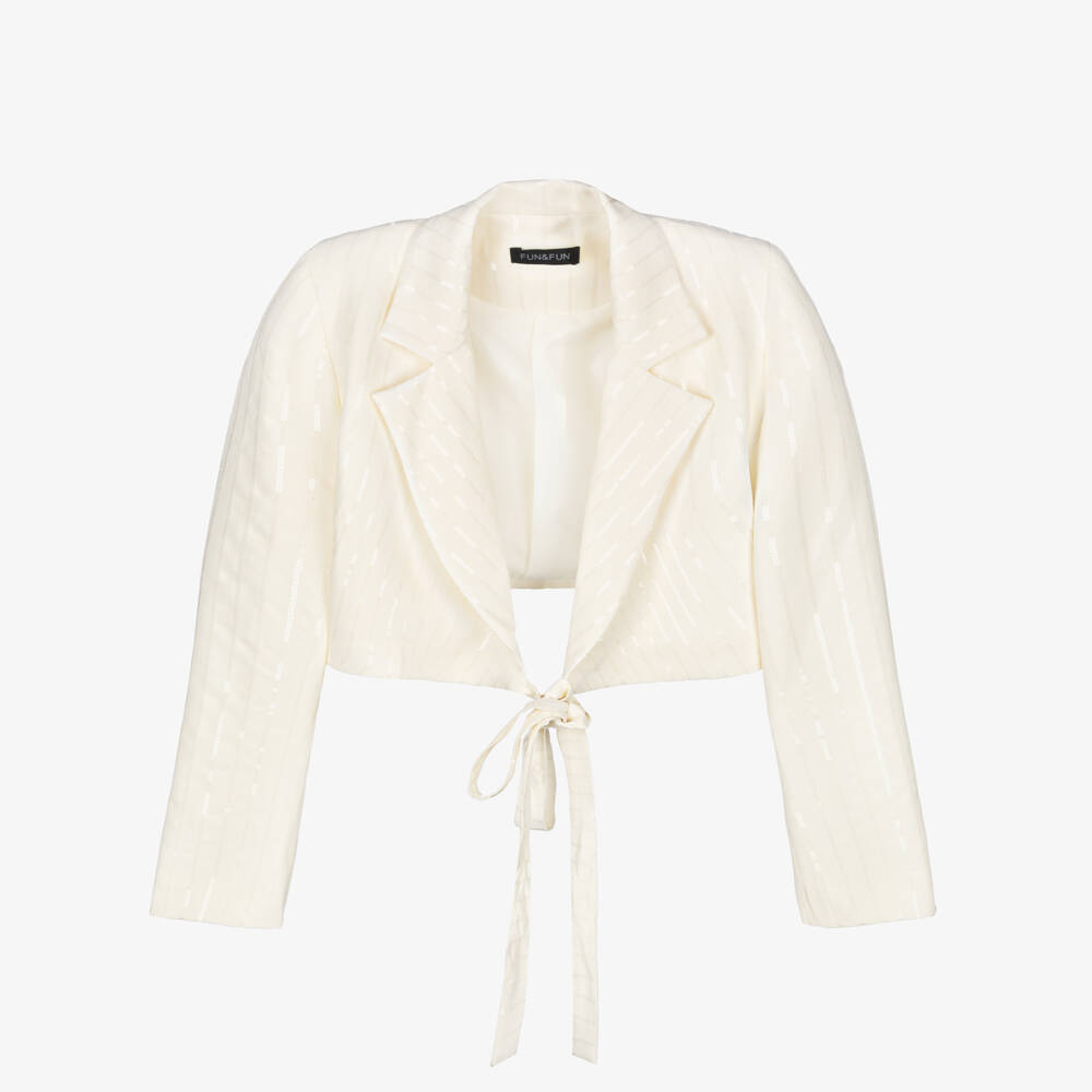 Fun & Fun-Girls Ivory Sequinned Cropped Blazer with Ties  | Childrensalon