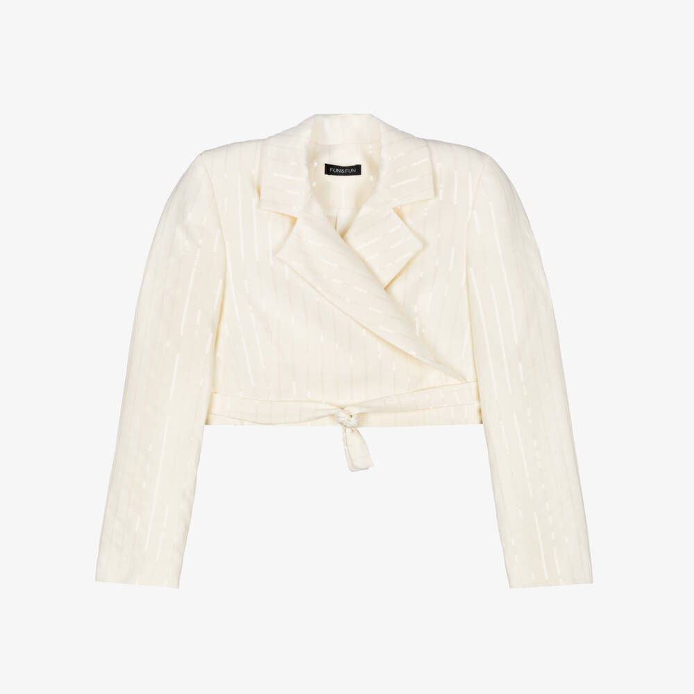 Fun & Fun-Girls Ivory Sequinned Cropped Blazer with Ties | Childrensalon