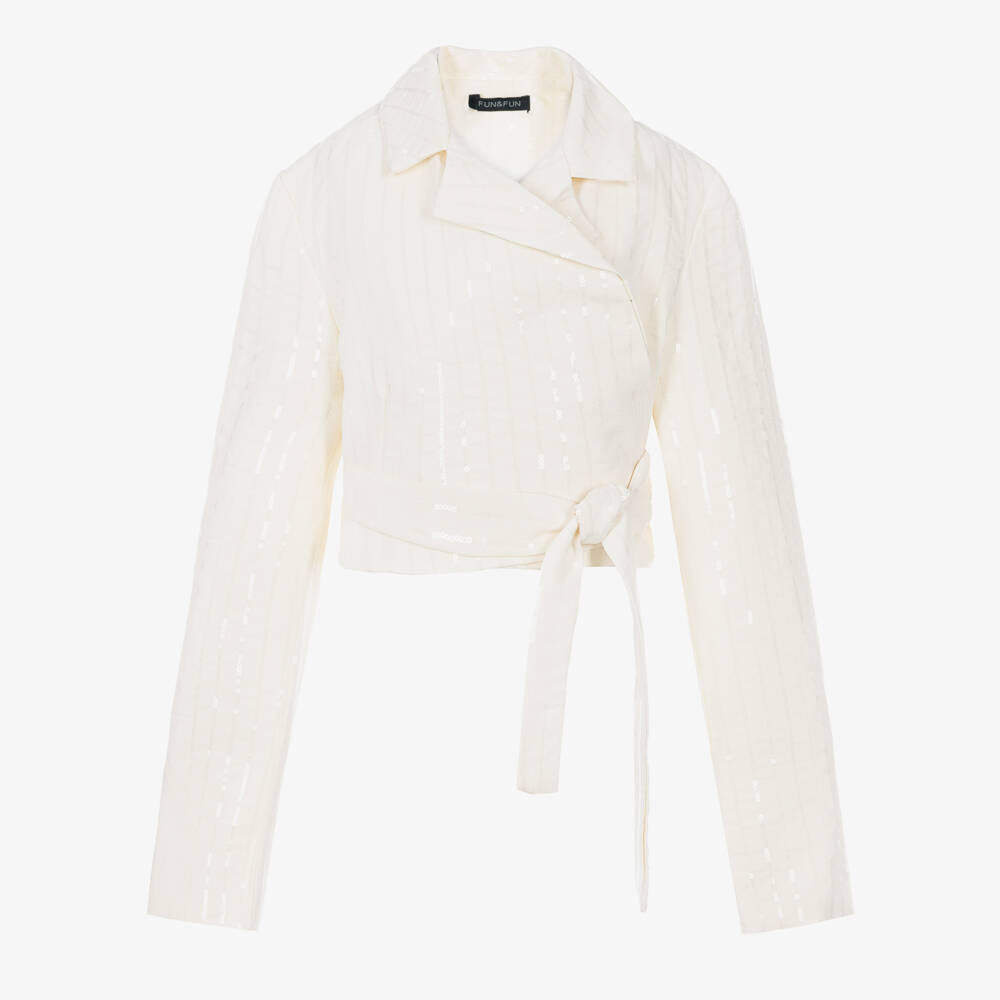 Fun & Fun-Girls Ivory Sequinned Cropped Blazer with Ties  | Childrensalon