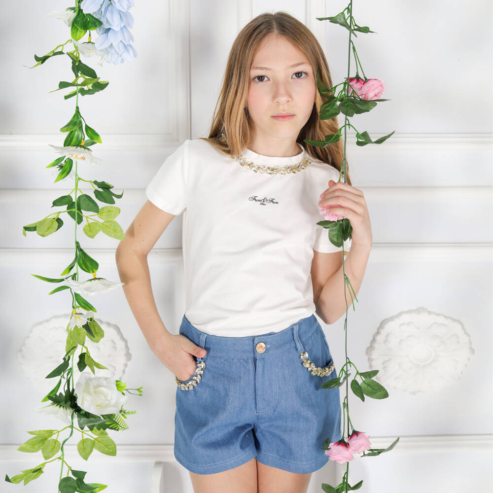 Fun & Fun-شورت دنيم مزين بأحجار الراين لون أزرق فاتح للبنات | Childrensalon