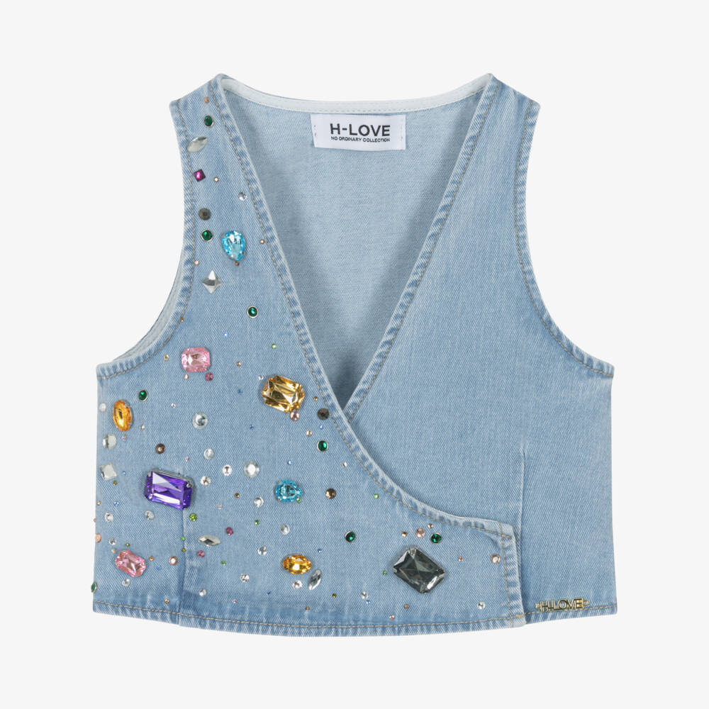 Fun & Fun-Girls Light Blue Denim Waistcoat with Jewels | Childrensalon