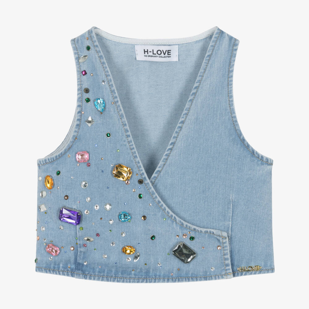 Fun & Fun-Girls Light Blue Denim Waistcoat with Jewels | Childrensalon