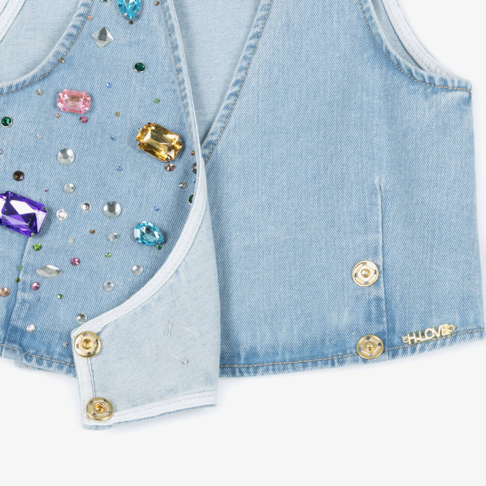 Fun & Fun-Girls Light Blue Denim Waistcoat with Jewels | Childrensalon
