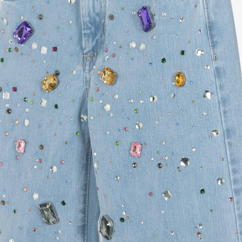 Fun & Fun-Girls Light Blue Wide Leg Jeans with Jewels | Childrensalon