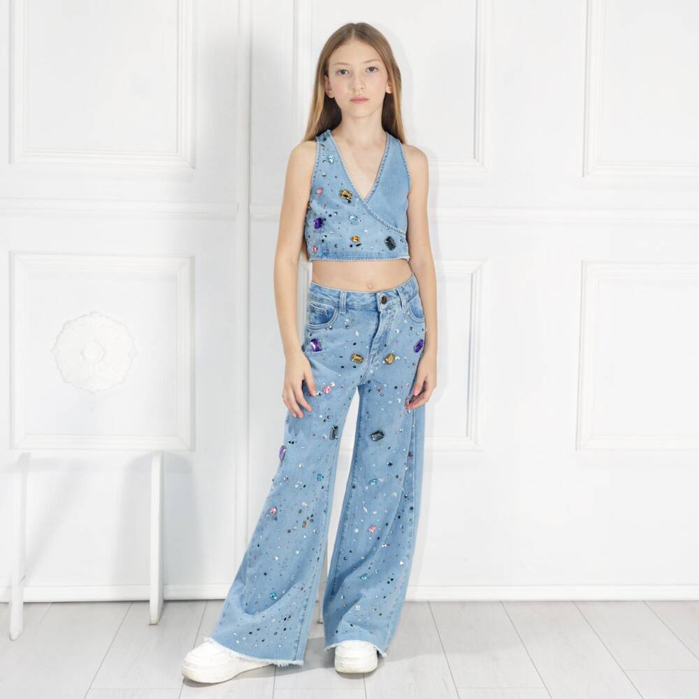 Fun & Fun-Girls Light Blue Wide Leg Jeans with Jewels | Childrensalon