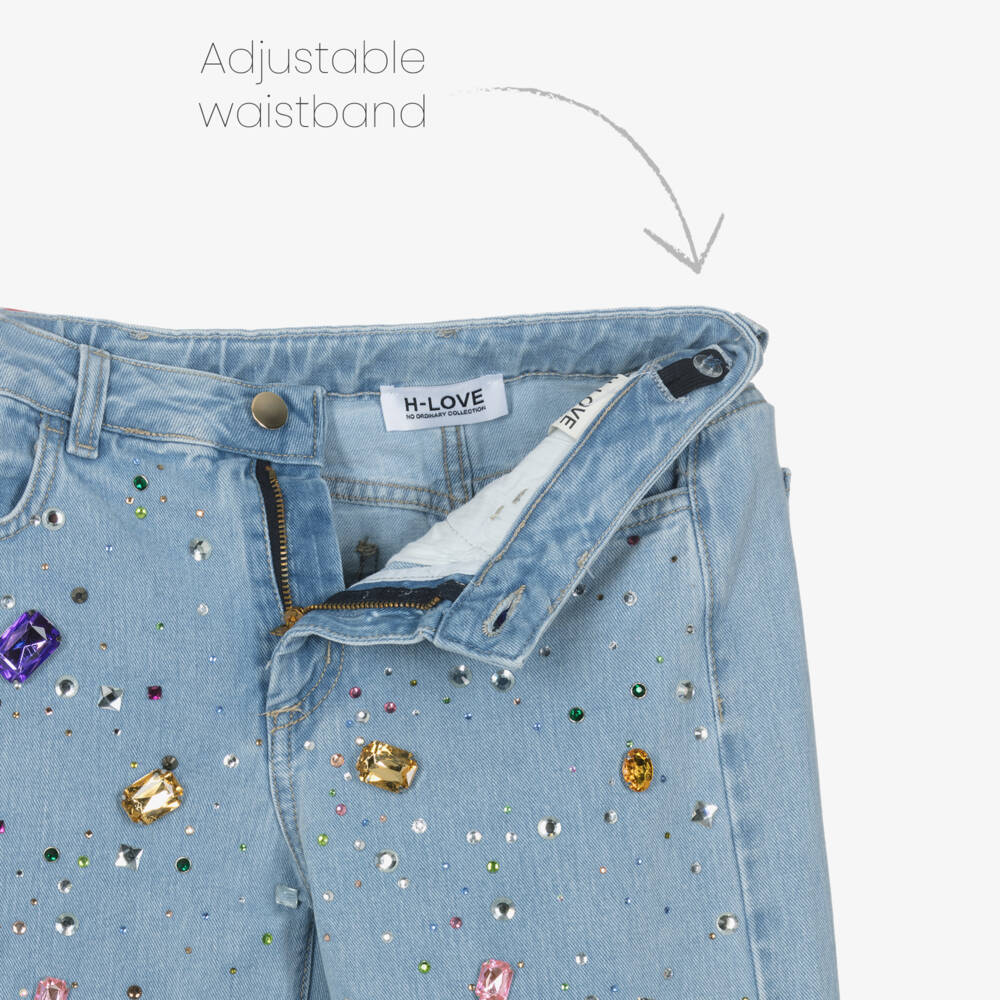 Fun & Fun-Girls Light Blue Wide Leg Jeans with Jewels | Childrensalon