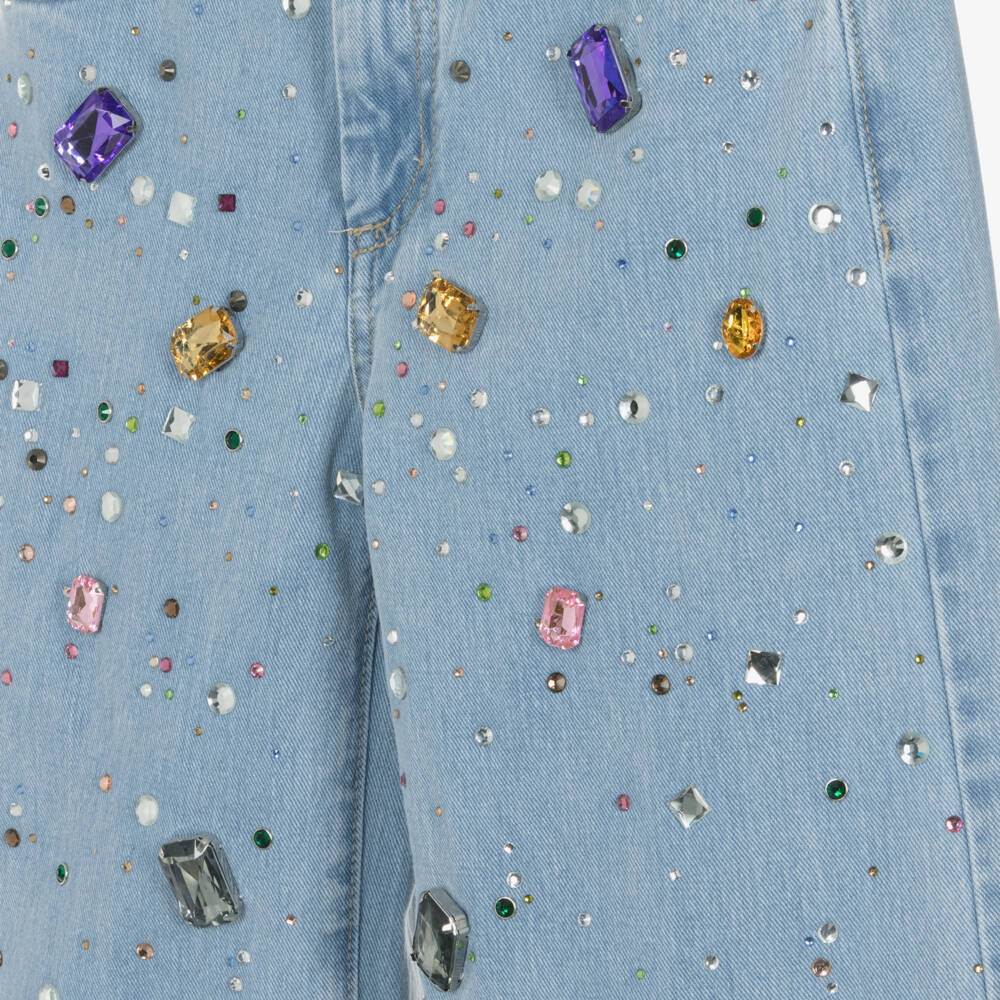 Fun & Fun-Girls Light Blue Wide Leg Jeans with Jewels | Childrensalon