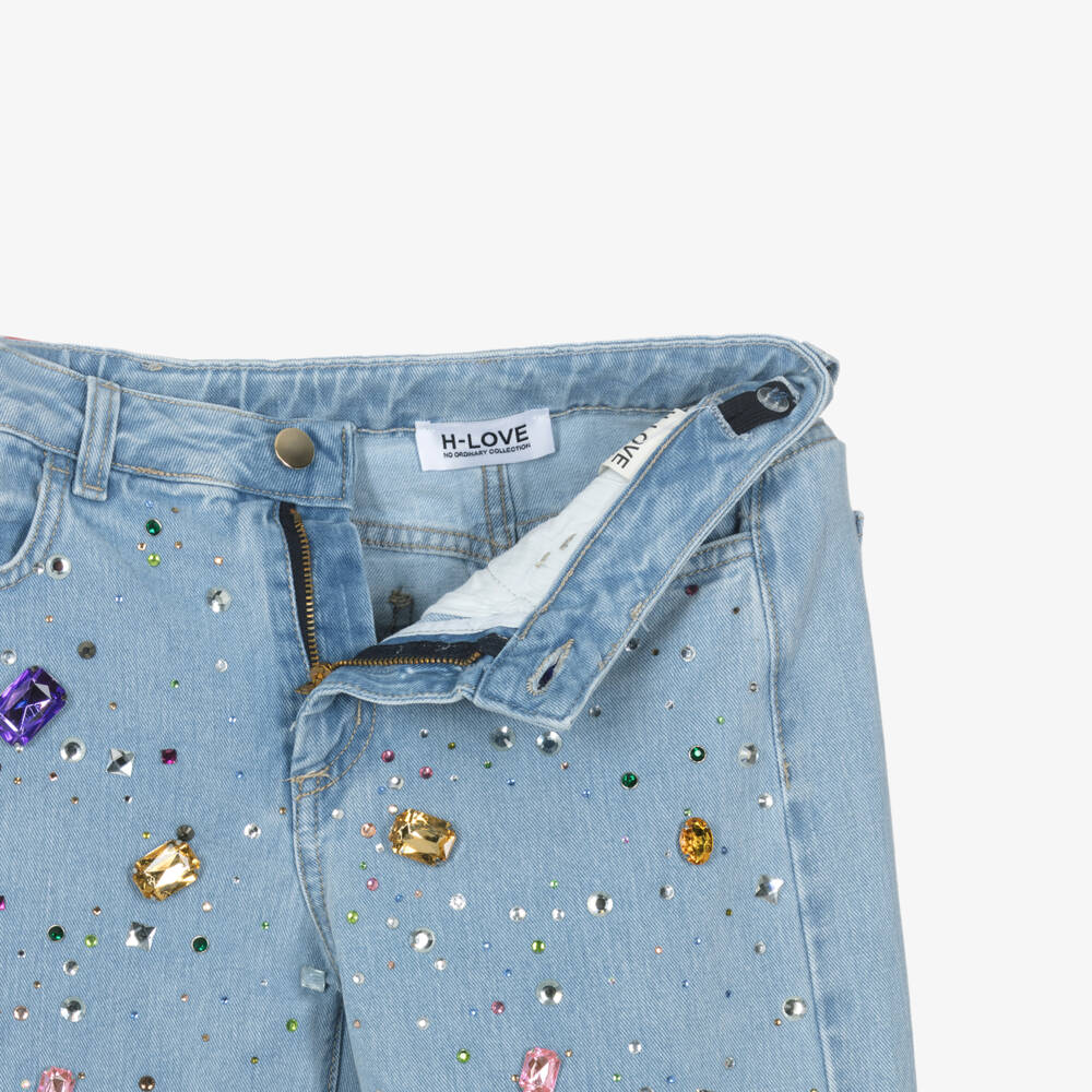 Fun & Fun-Girls Light Blue Wide Leg Jeans with Jewels | Childrensalon