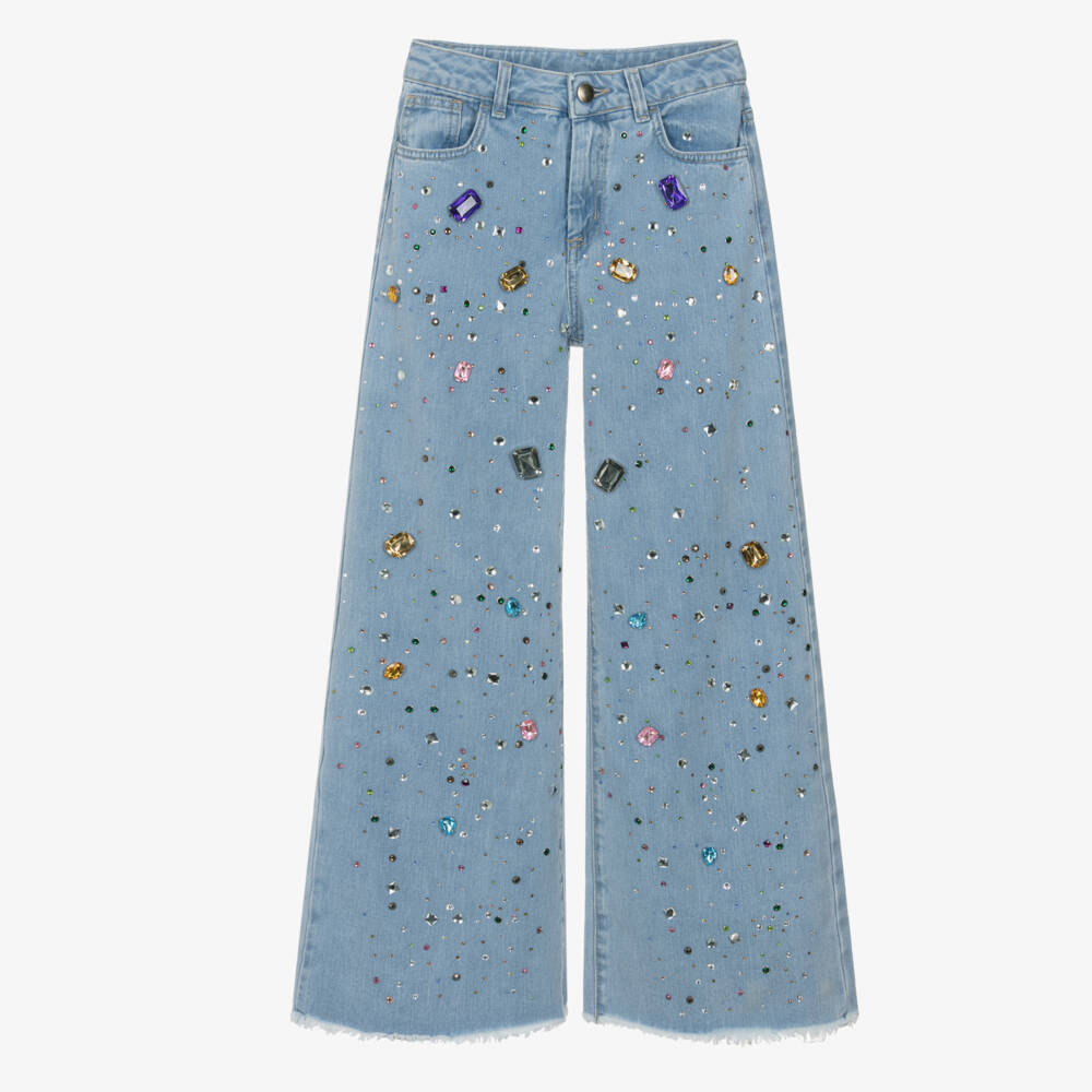 Fun & Fun-Girls Light Blue Wide Leg Jeans with Jewels | Childrensalon