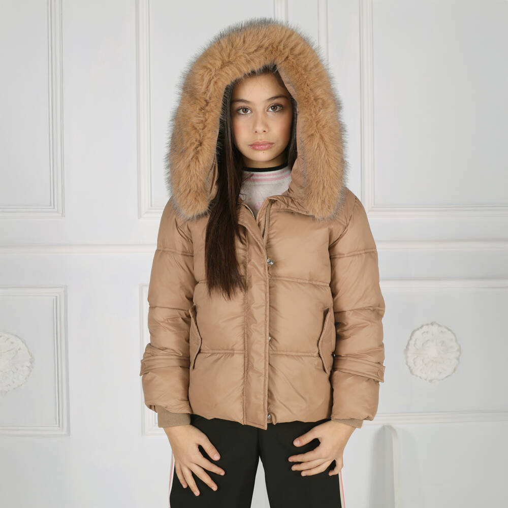 Fun & Fun-Куртка-пуховик коричневая с отделкой из искусственного меха для девочек | Childrensalon