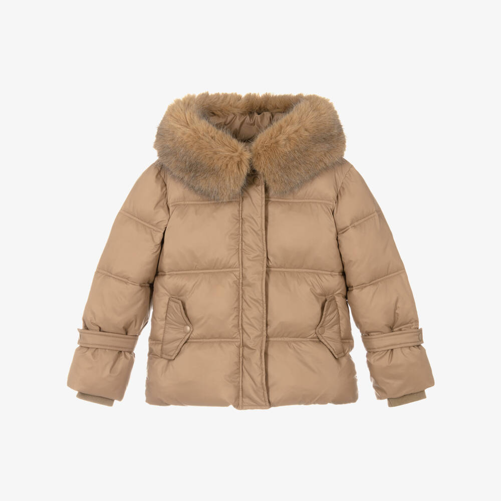Fun & Fun-Girls Light Brown Puffer Jacket with Faux Fur Trim | Childrensalon