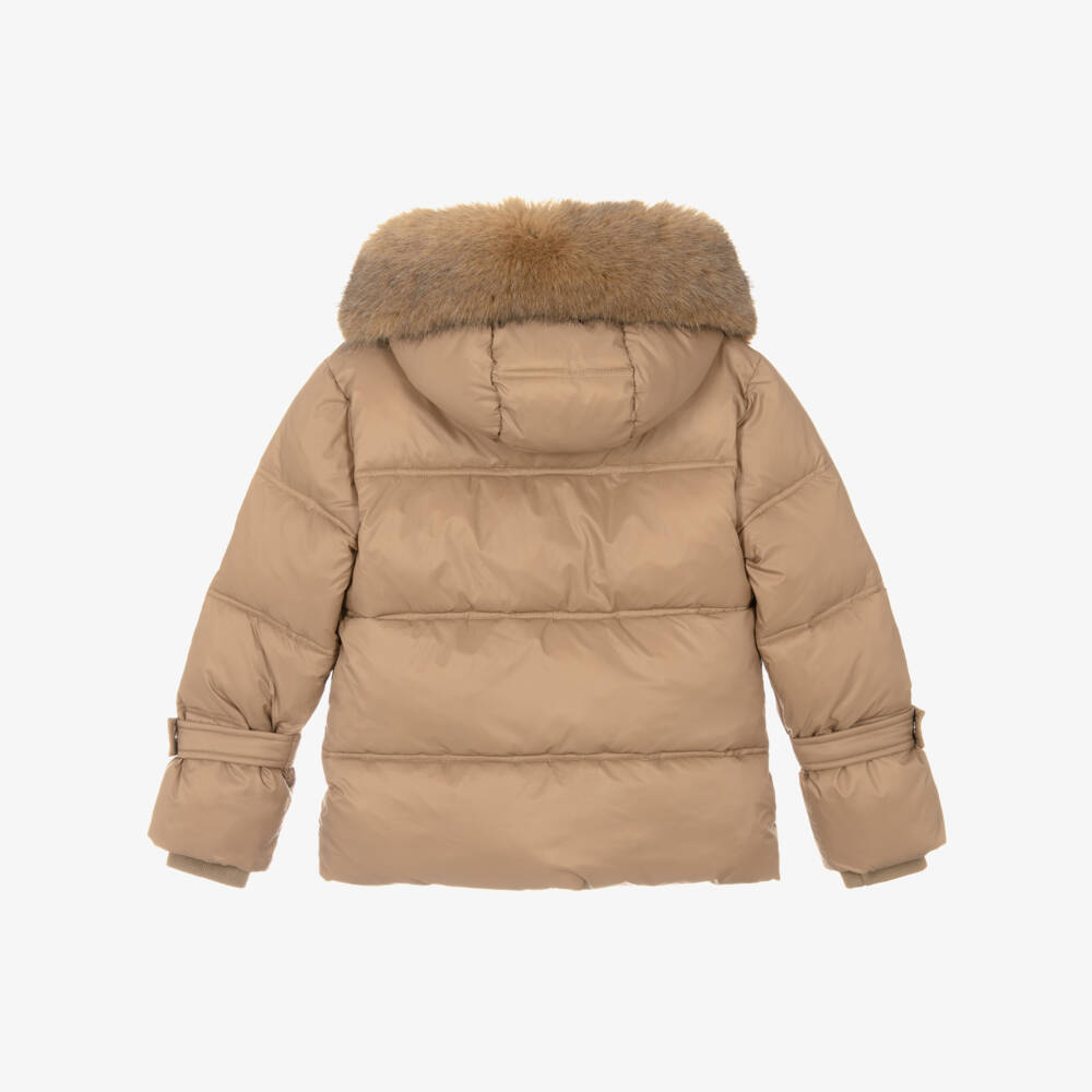 Fun & Fun-Куртка-пуховик коричневая с отделкой из искусственного меха для девочек | Childrensalon