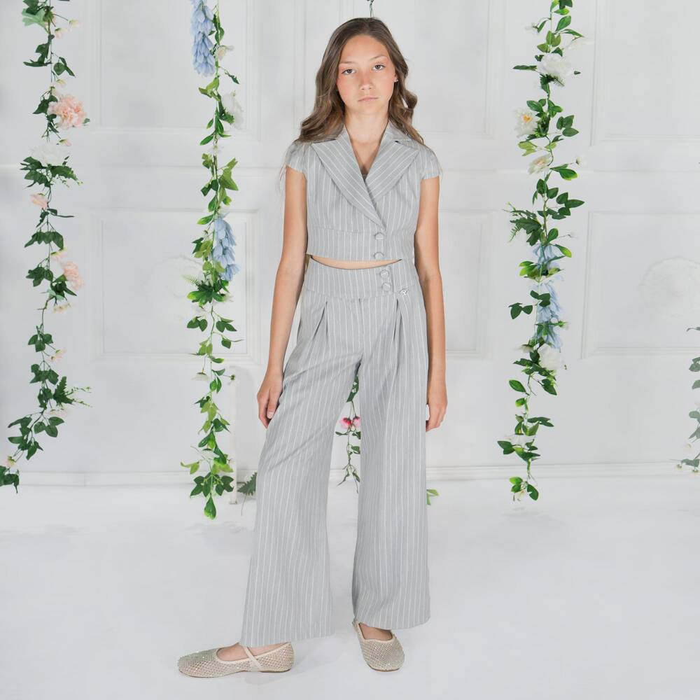 Fun & Fun-Girls Light Grey Pinstripe Cropped Blazer | Childrensalon