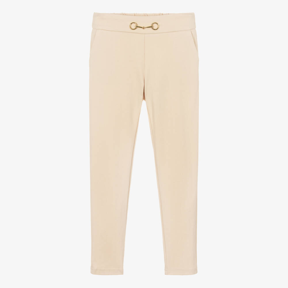 Fun & Fun-Girls Pale Beige Jersey Trousers with Gold Horsebit Detail | Childrensalon