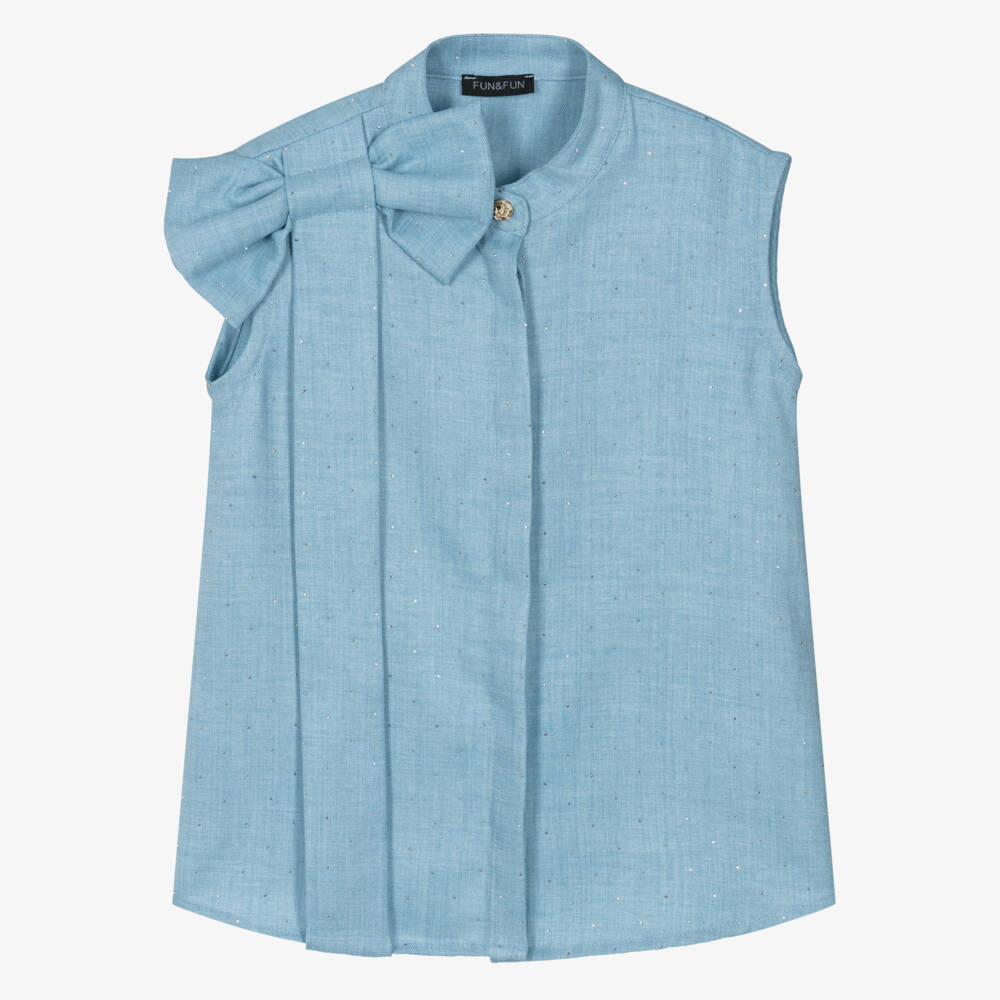 Fun & Fun-Girls Pale Blue Diamanté Blouse with Bow | Childrensalon