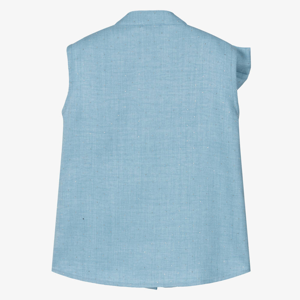 Fun & Fun-Girls Pale Blue Diamanté Blouse with Bow | Childrensalon