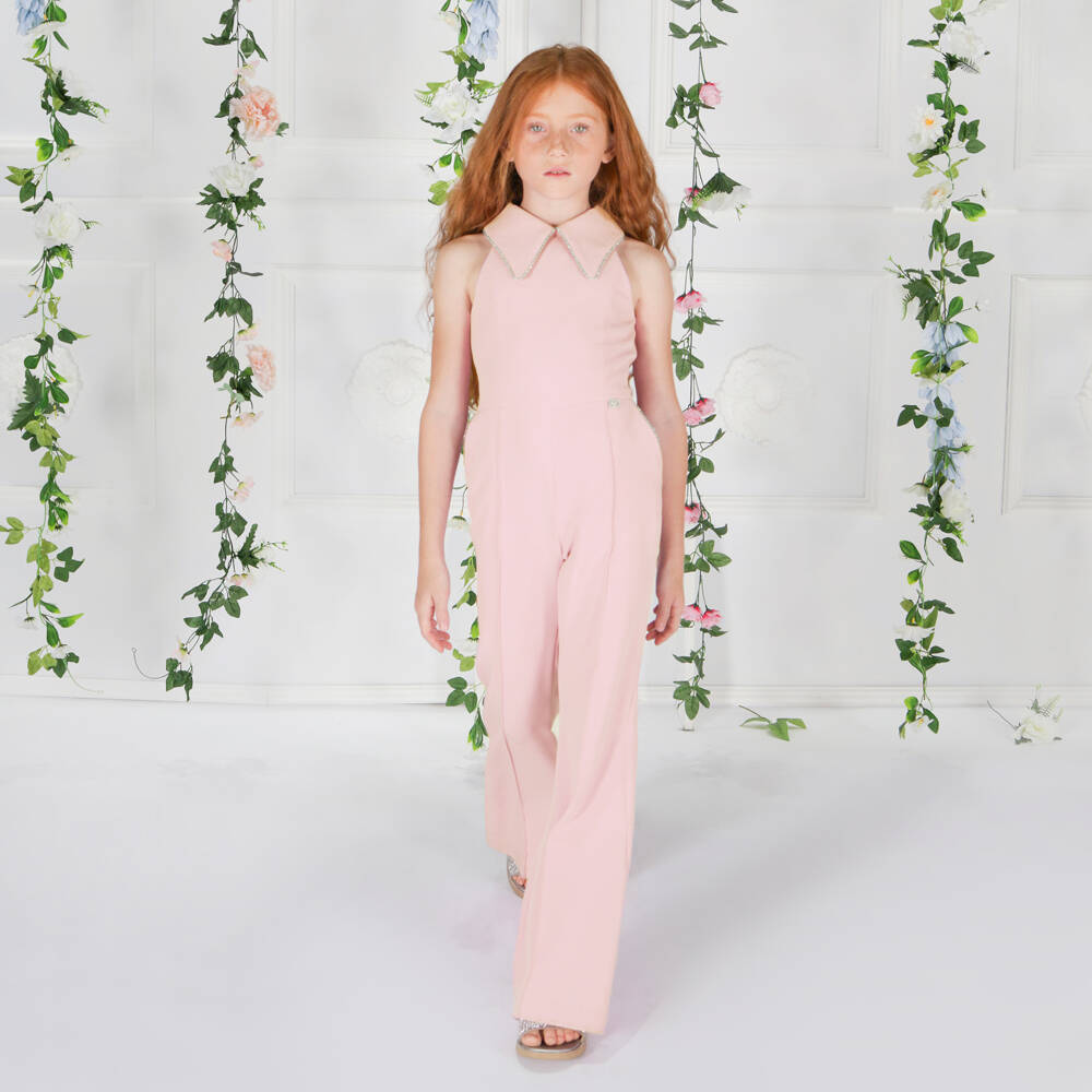 Fun & Fun-Girls Pastel Pink Jumpsuit with Diamanté Detailing | Childrensalon