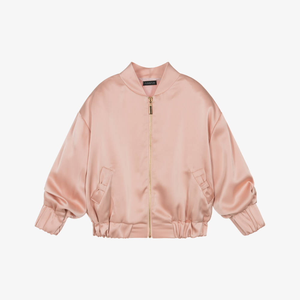 Fun & Fun-Girls Peach Pink Satin Bomber Jacket | Childrensalon