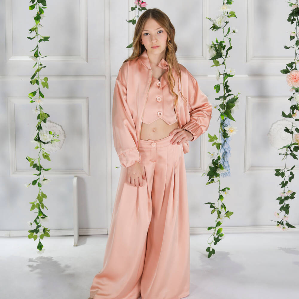 Fun & Fun-Girls Peach Pink Wide Leg Pleated Trousers | Childrensalon