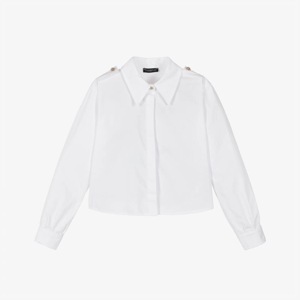 Fun & Fun-Girls White Cotton Shirt with Gold Buttons | Childrensalon