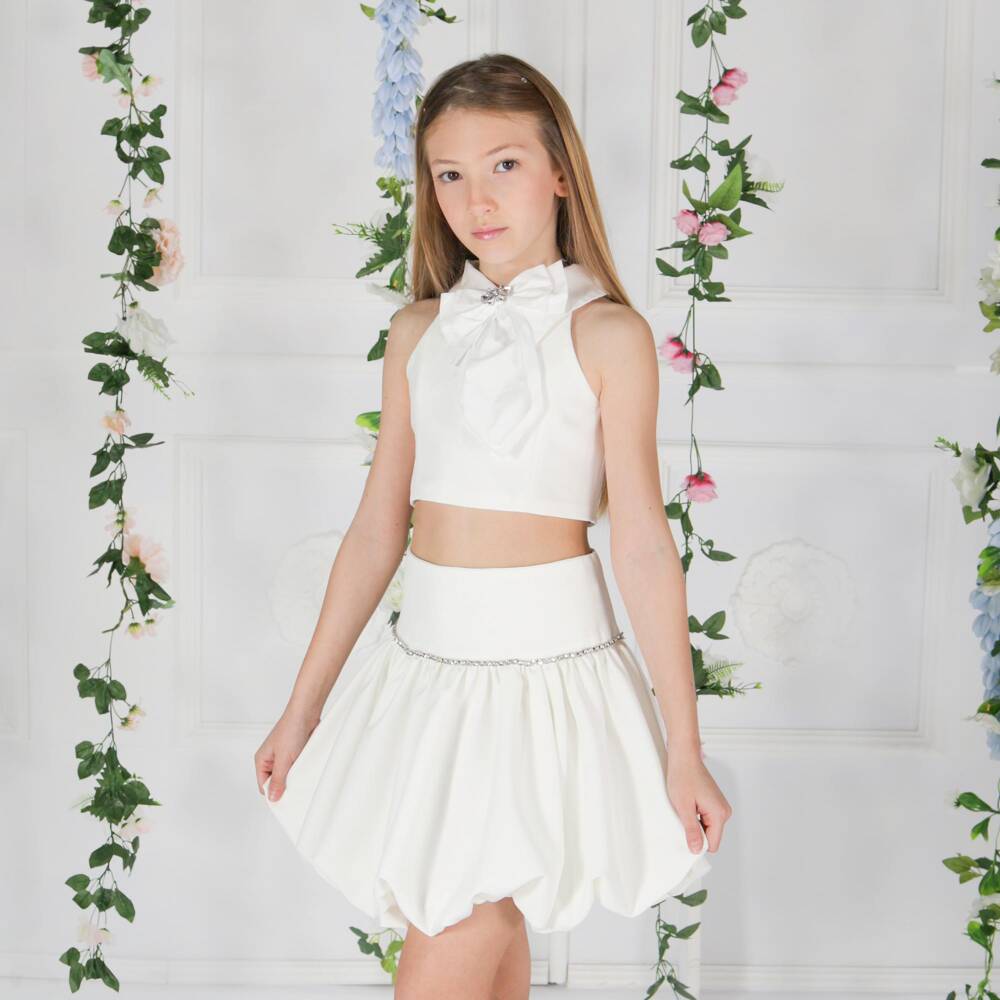 Fun & Fun-Юбка белая из крепа с пузырчатым подолом и отделкой из страз для девочек | Childrensalon