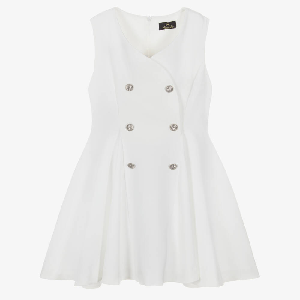 Fun & Fun-Girls White Crêpe Dress with Diamanté Buttons | Childrensalon