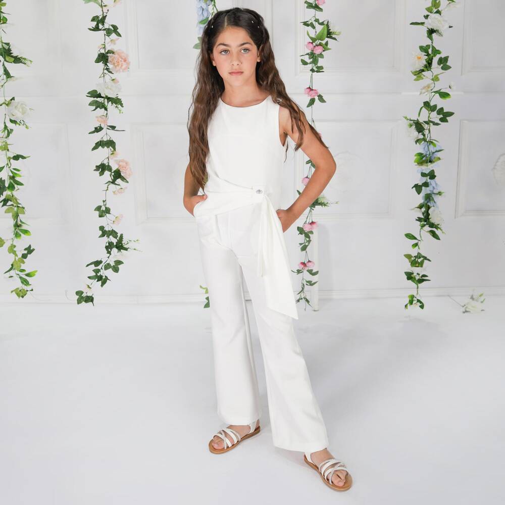 Fun & Fun-Girls White Crêpe Jumpsuit with Diamanté Logo Charm | Childrensalon