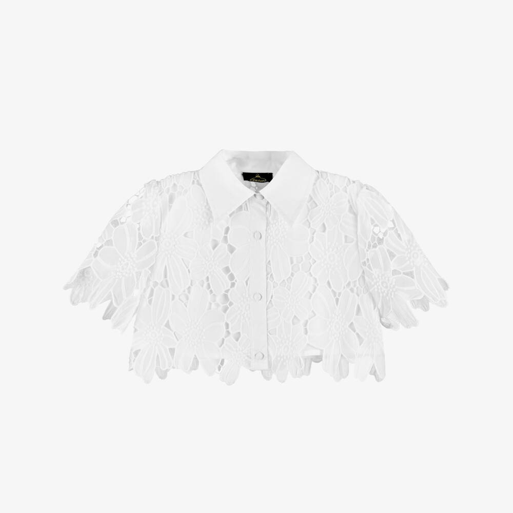 Fun & Fun-Girls White Embroidered Flower Lace Cropped Blouse | Childrensalon
