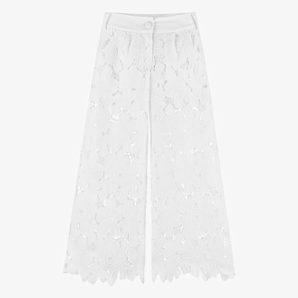 Fun & Fun-Girls White Embroidered Flower Lace Wide Leg Trousers | Childrensalon