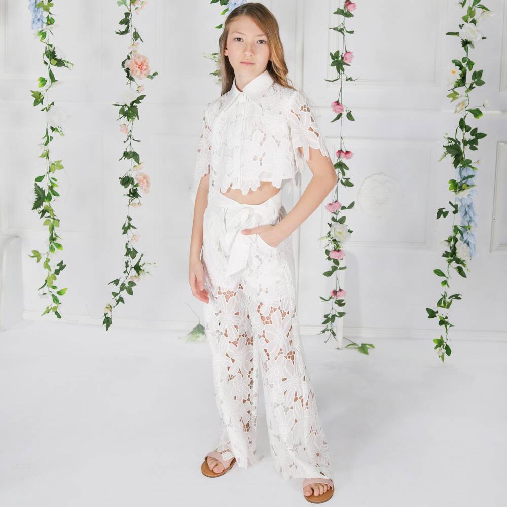 Fun & Fun-Girls White Embroidered Flower Lace Wide Leg Trousers | Childrensalon