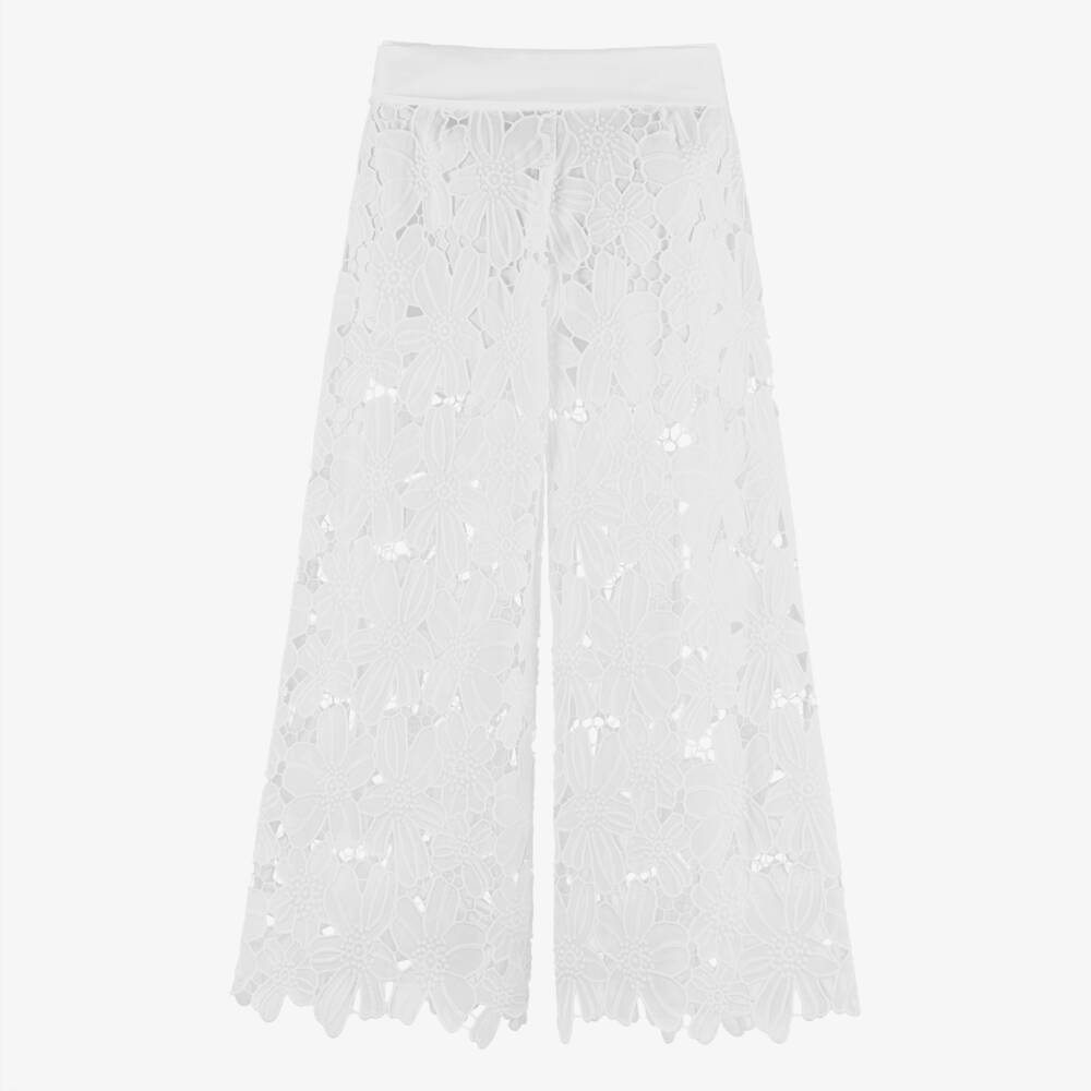 Fun & Fun-Girls White Embroidered Flower Lace Wide Leg Trousers | Childrensalon