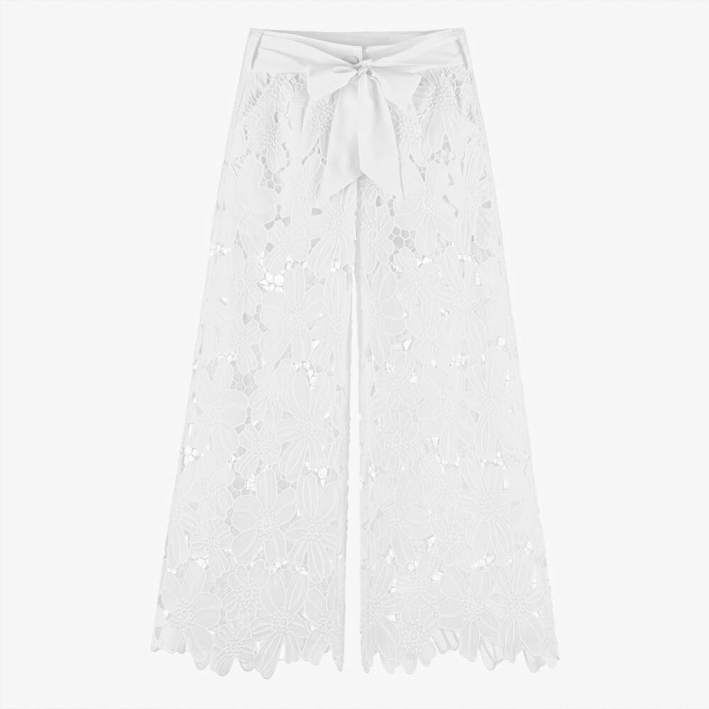 Fun & Fun-بنطلون بأرجل واسعة دانتيل مطرز بورود لون أبيض للبنات | Childrensalon