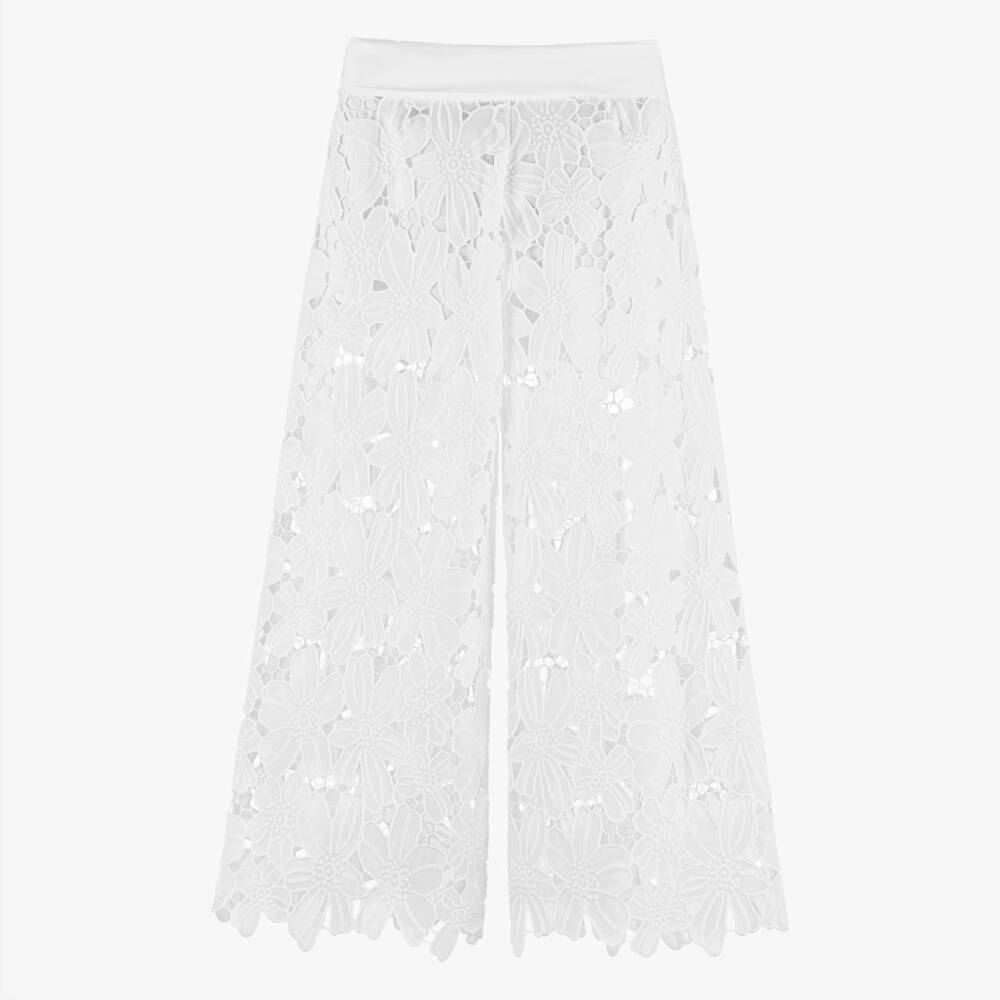 Fun & Fun-Girls White Embroidered Flower Lace Wide Leg Trousers | Childrensalon