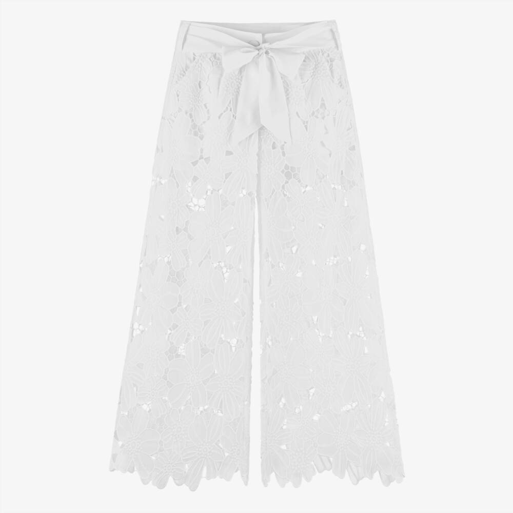 Fun & Fun-Girls White Embroidered Flower Lace Wide Leg Trousers | Childrensalon