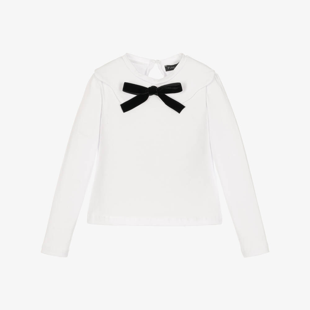 Fun & Fun-Girls White Long Sleeve Top with Black Velvet Bow | Childrensalon