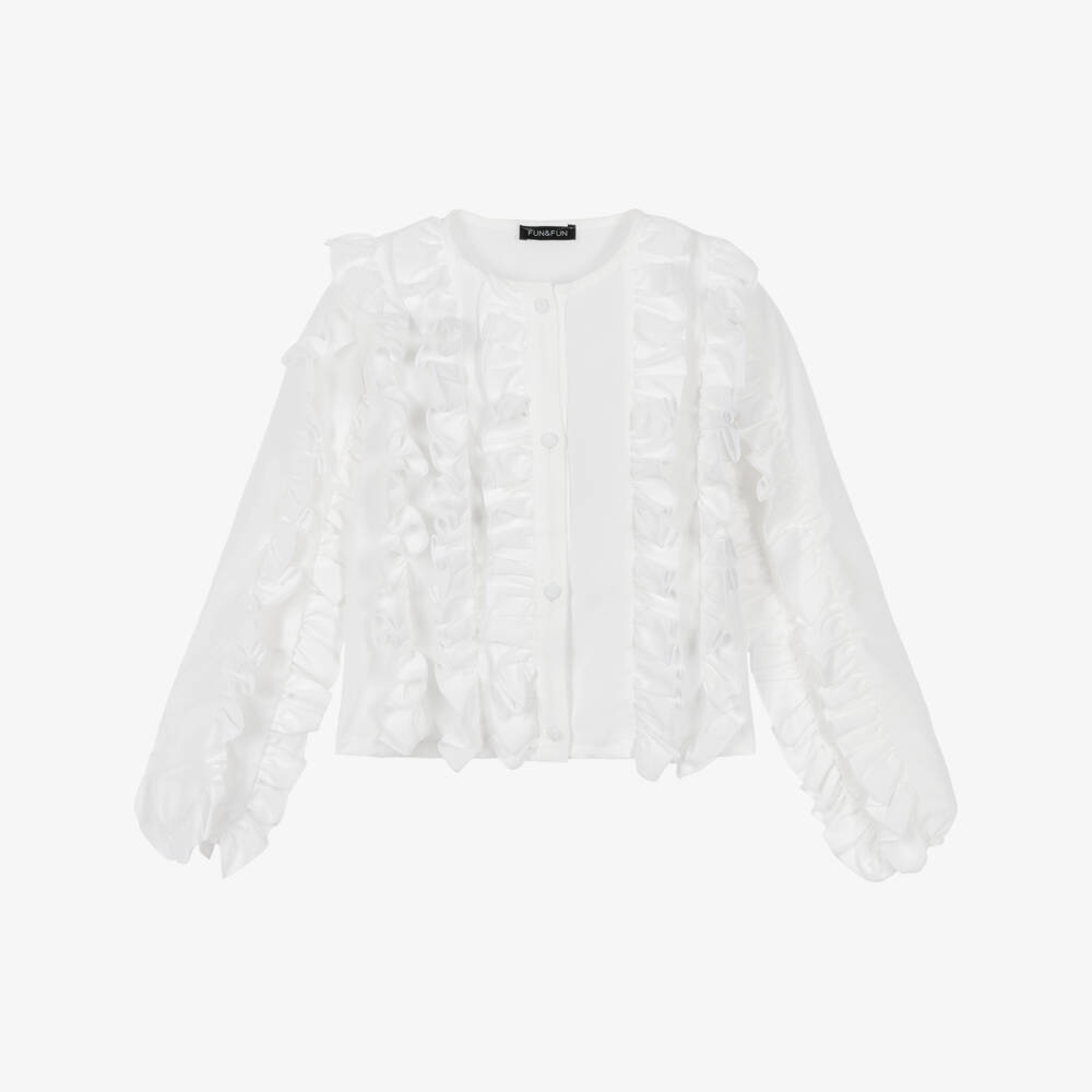 Fun & Fun-Girls White Long Sleeved Ruffle Blouse | Childrensalon