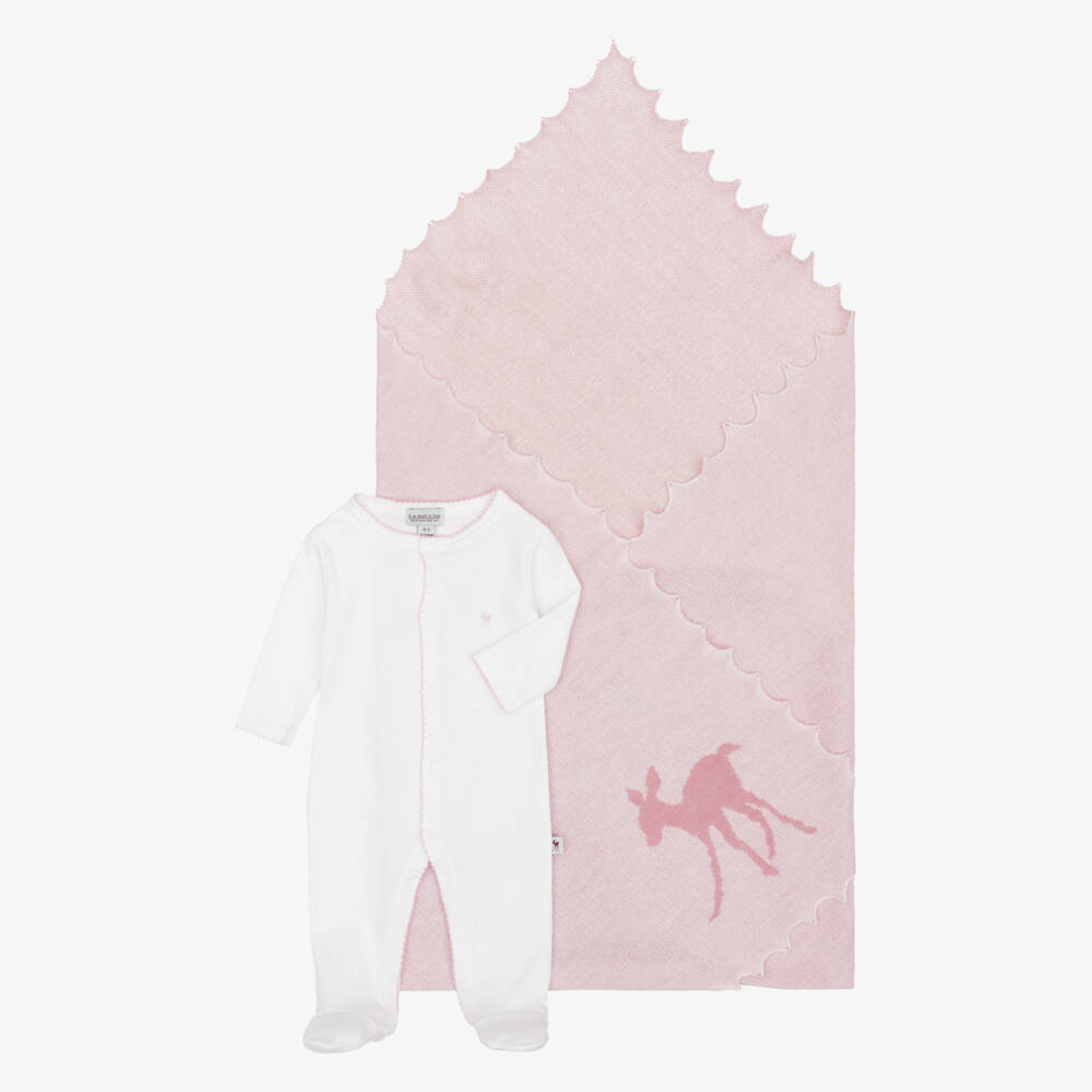 G.H.Hurt & Son-Baby Girls White Cotton & Pink Wool Gift Set | Childrensalon