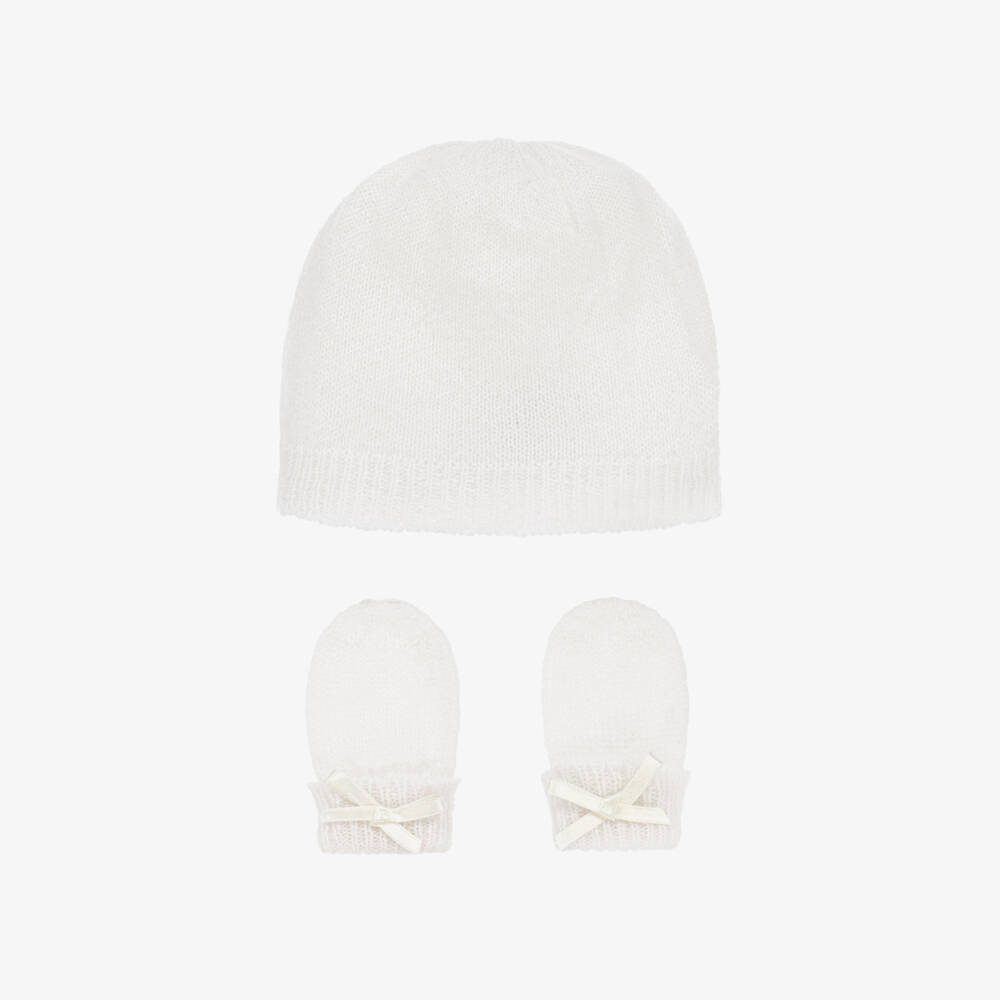 G.H.Hurt & Son-White Pure Cashmere Baby Hat & Mittens Set | Childrensalon