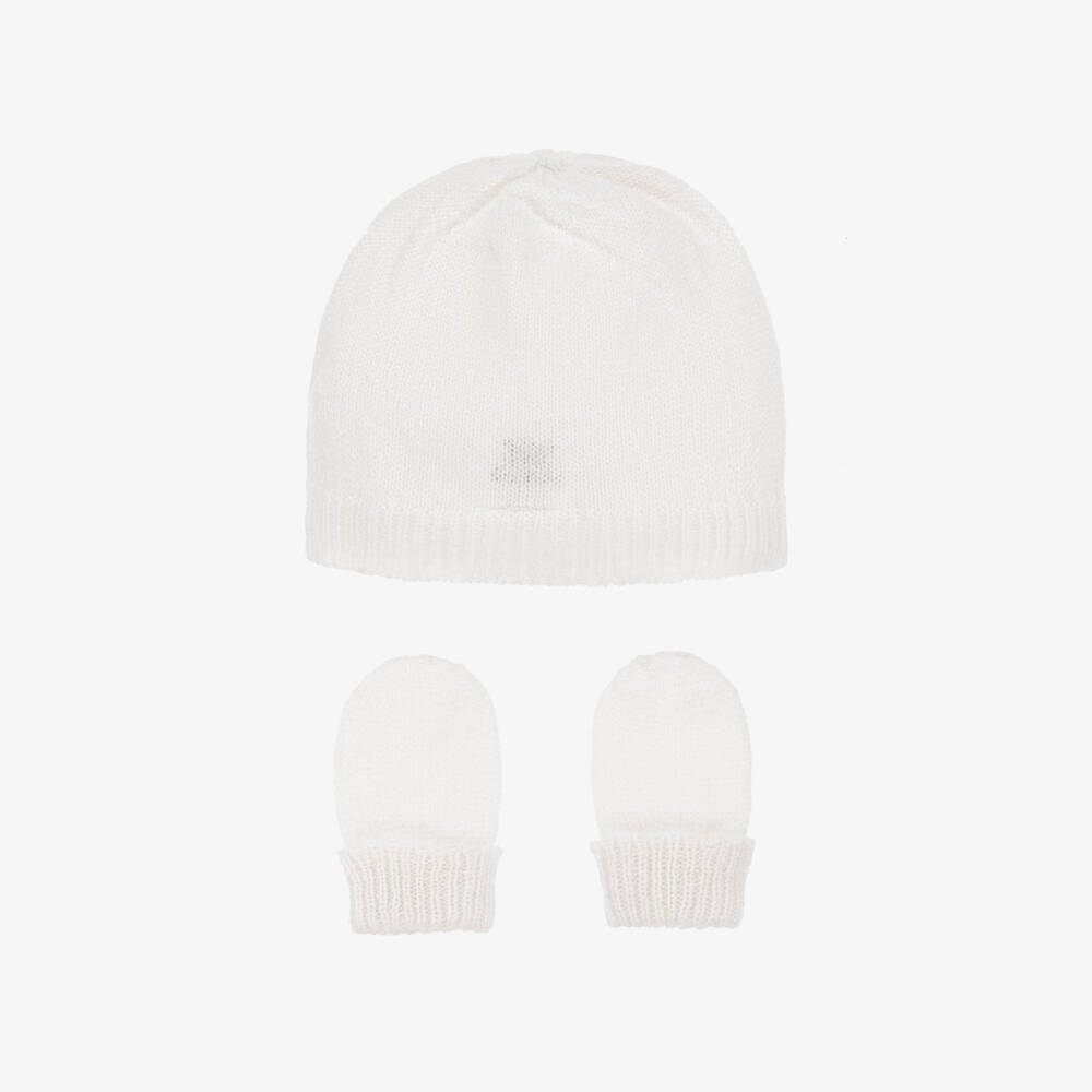 G.H.Hurt & Son-White Pure Cashmere Baby Hat & Mittens Set | Childrensalon