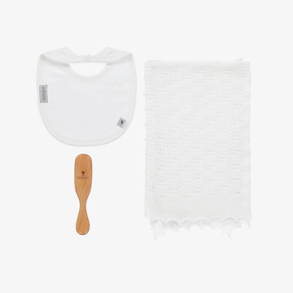 G.H.Hurt & Son-White Shawl & Bib Baby Gift Set | Childrensalon