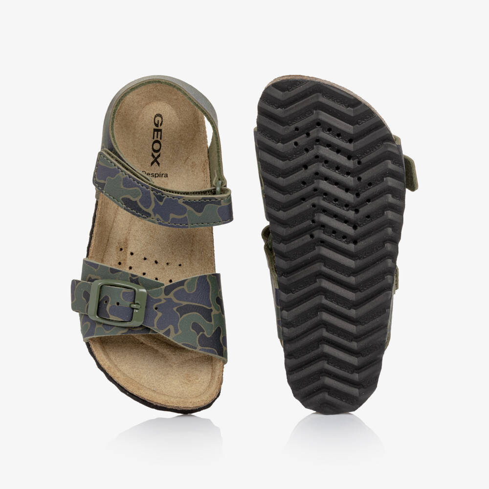 Geox-Boys Dark Green Camouflage Faux Leather Sandals | Childrensalon