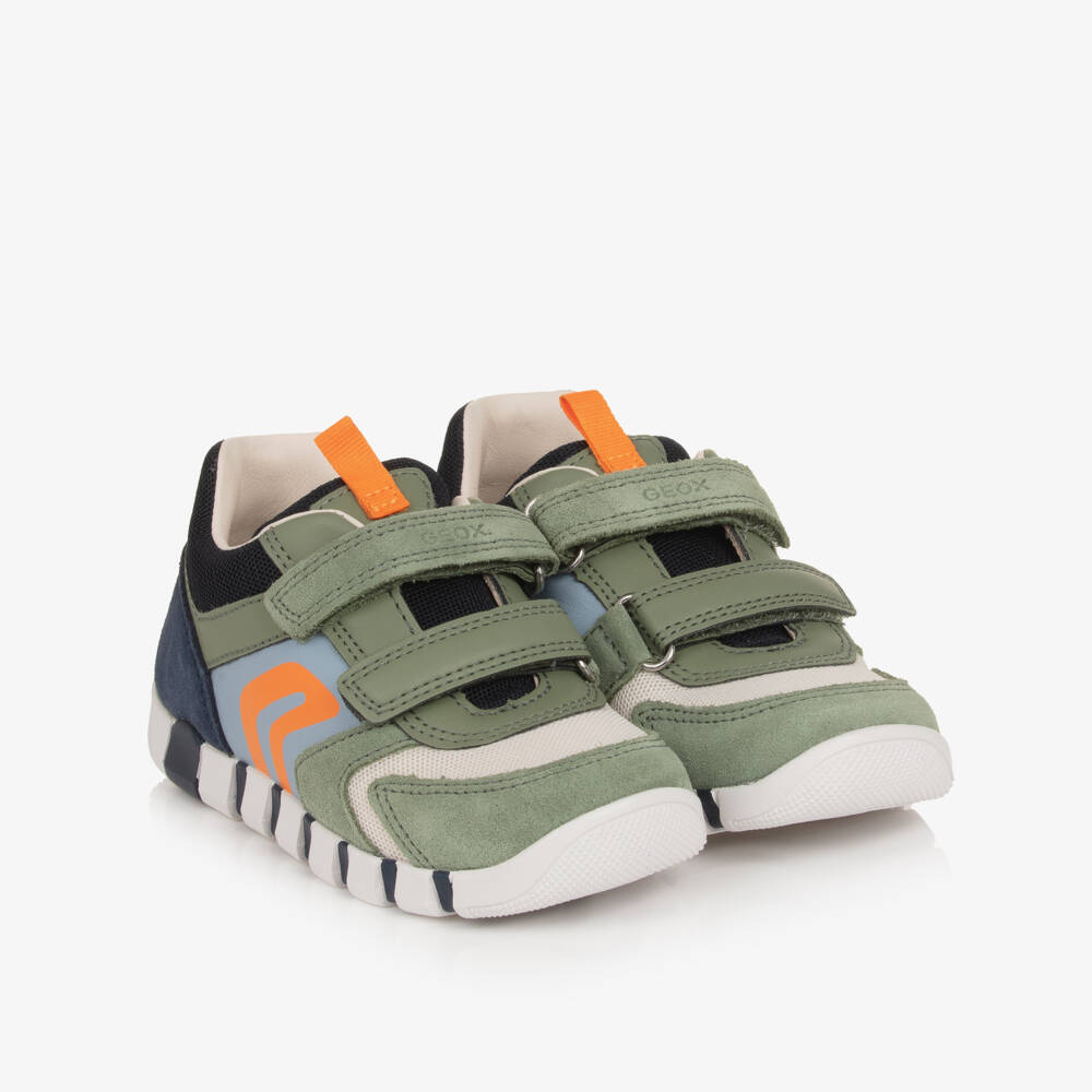 Geox-Boys Green & Navy Blue Leather Trainers | Childrensalon