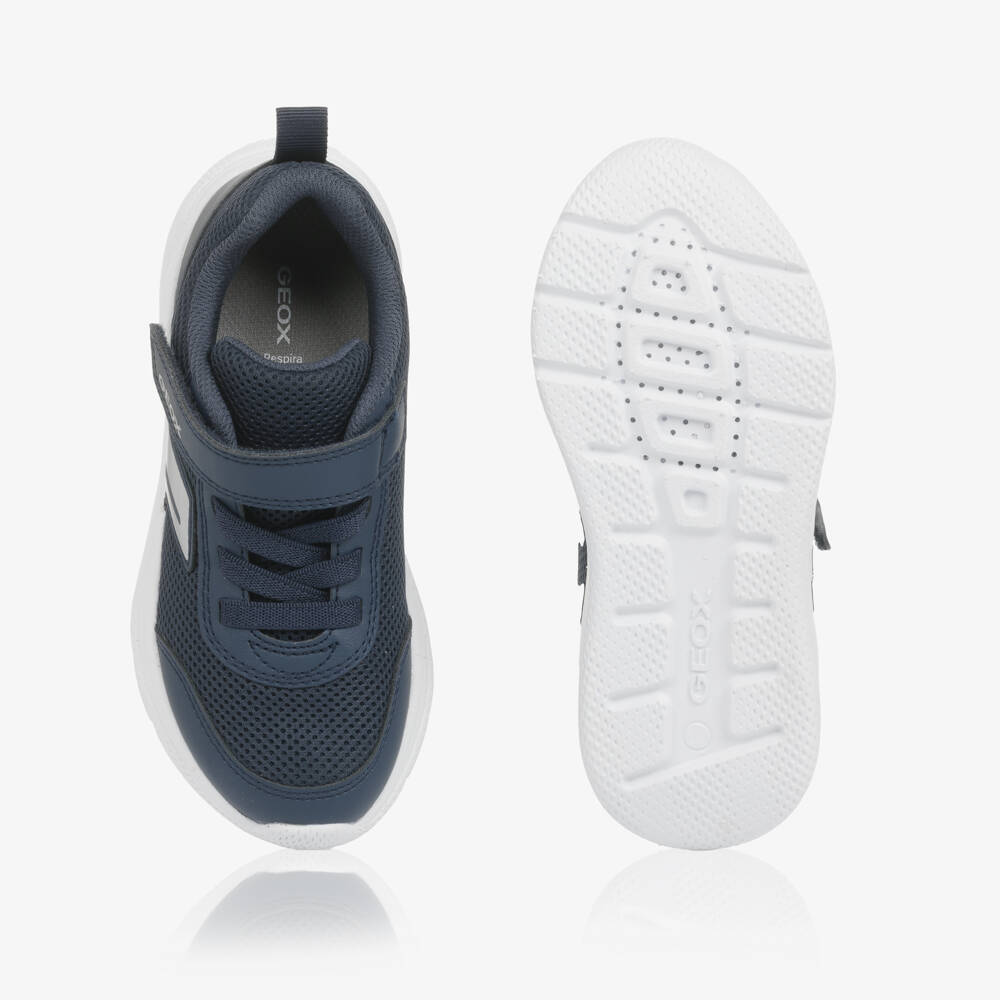 Geox-Boys Navy Blue Faux Leather & Mesh Trainers | Childrensalon