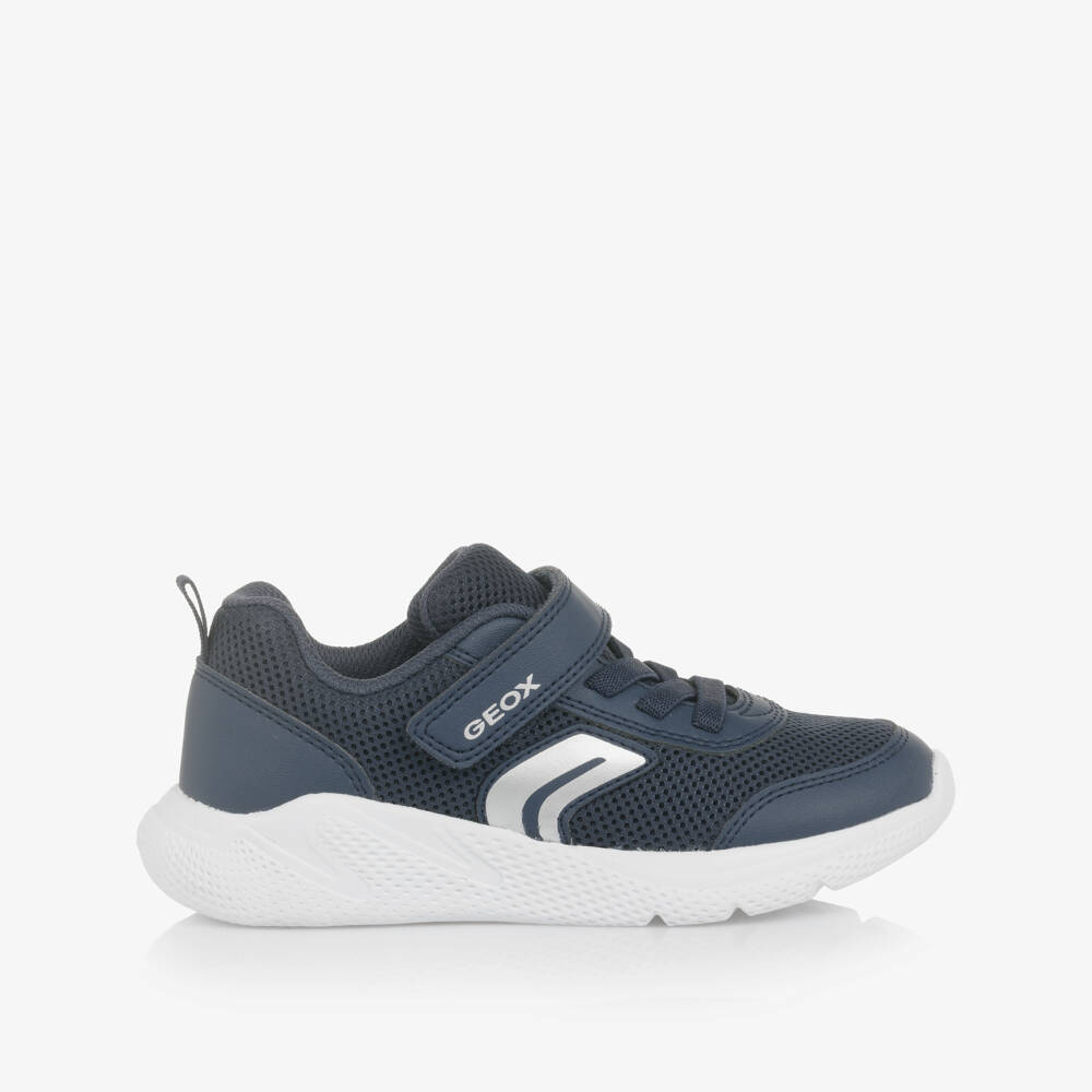 Geox-Boys Navy Blue Faux Leather & Mesh Trainers | Childrensalon