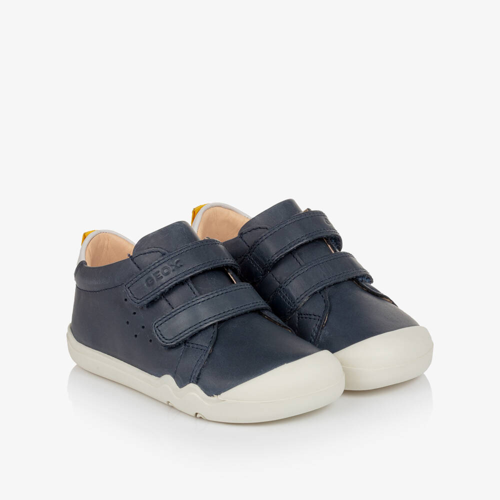 Geox-Boys Navy Blue Leather Velcro First Walker Trainers | Childrensalon