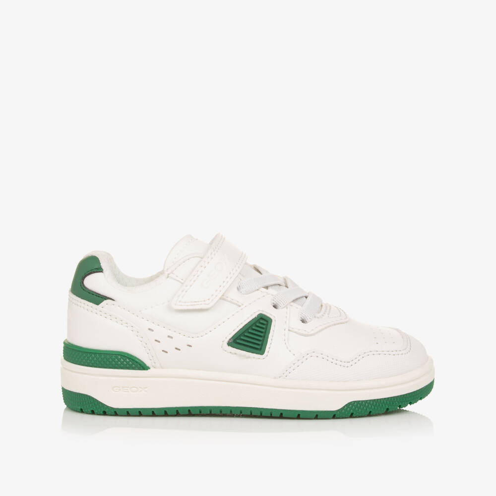 Geox-Boys White Faux Leather Trainers with Green Detailing | Childrensalon